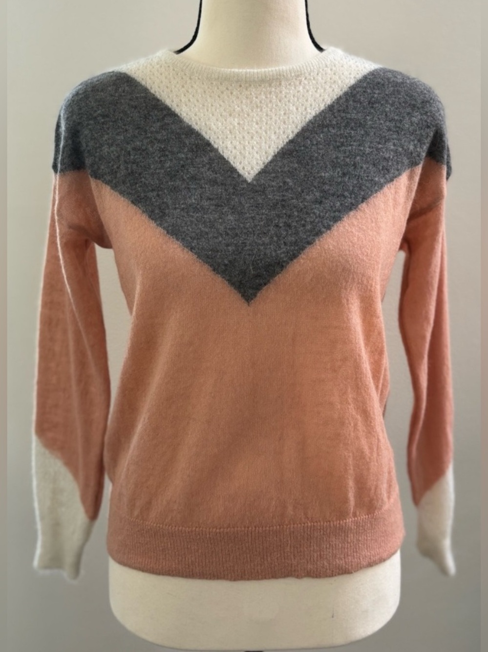 Bimba Y Lola Chevron Colorblock Knit Sweater Pink Grey Cream Small